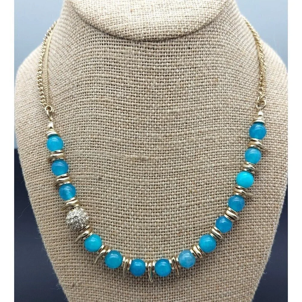 NWT Sequin Gold Tone & Blue Bead Collar Necklace Asymmetrical Paved Pendant 18